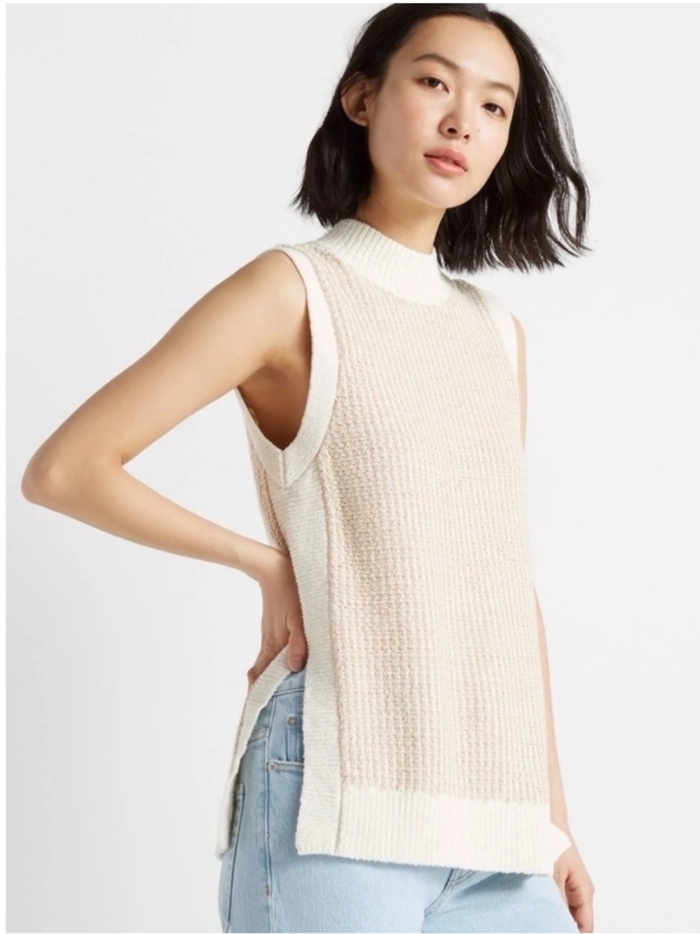 Club Monaco Cream & Beige Sleeveless Knit Mock Neck Tunic Size Large NWT